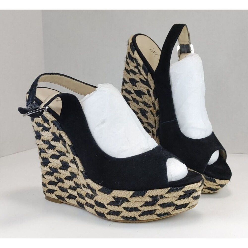 INC. International Concepts® Robin™ Black Suede Peep Toe Espadrille Wedge Size 7